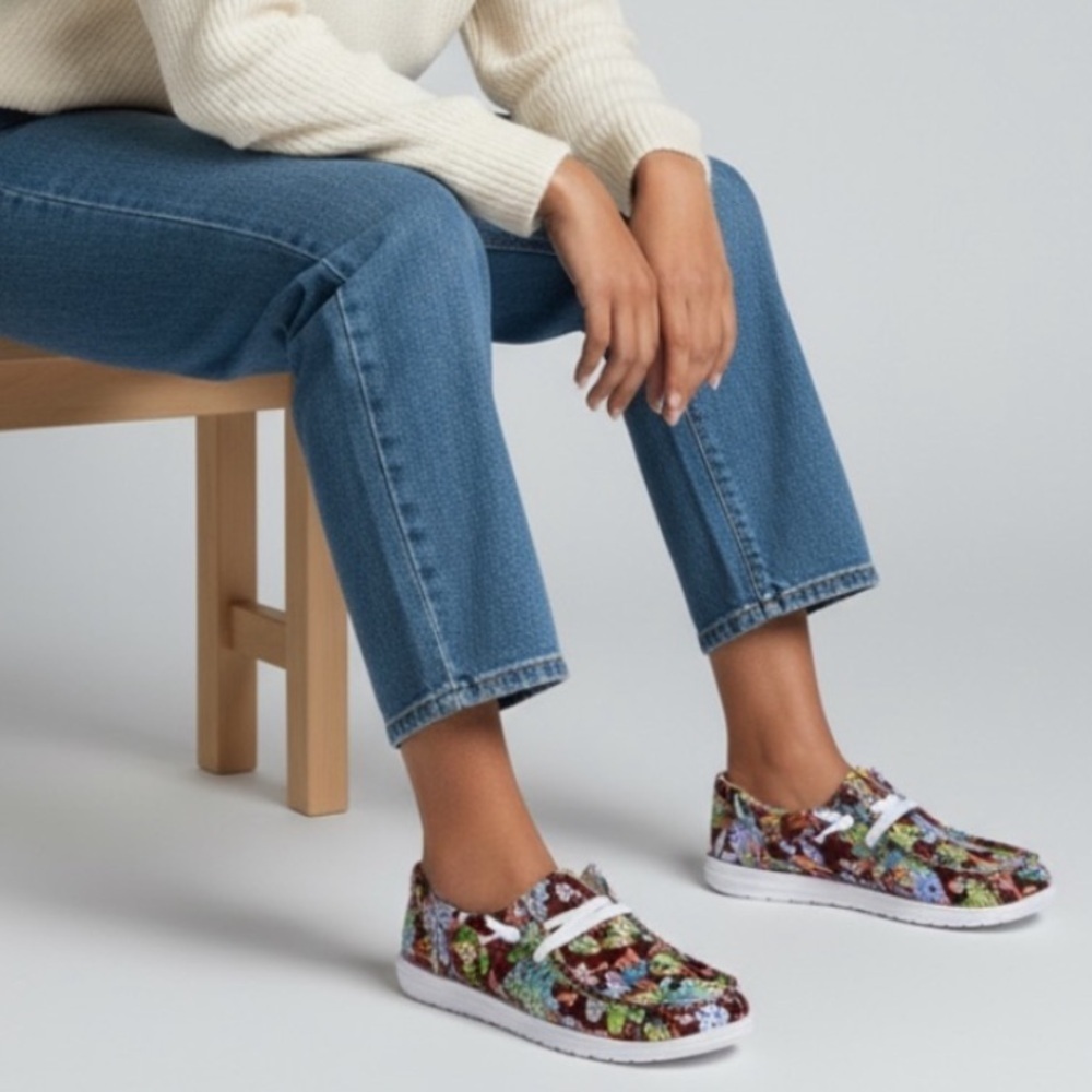 NEW Stitched Toe Sip On Sneaker Size 40 or 9.5 Forest Butterfly Print Brown Blue